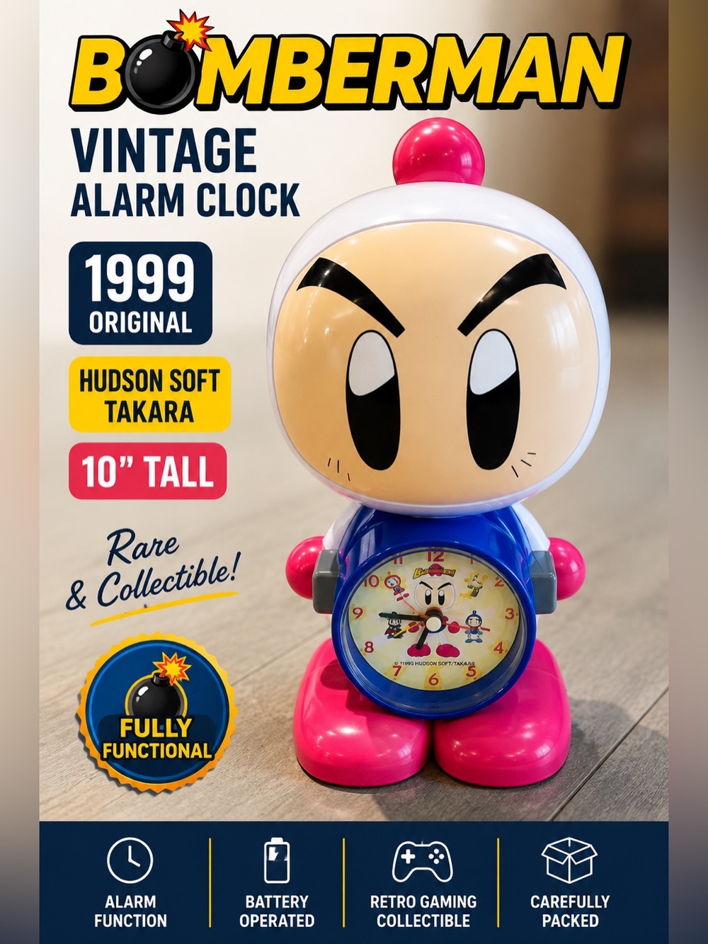 Vintage 1999 Takara Hudson Soft Bomberman Alarm Clock 10"
